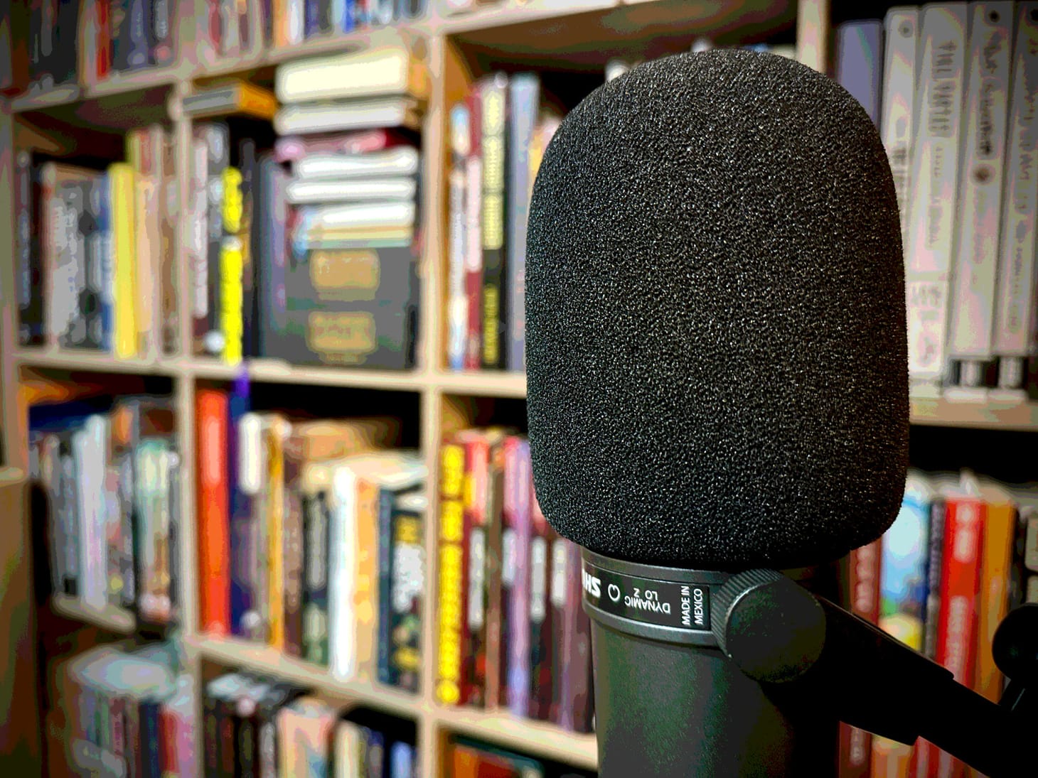 Microphone in front of a shelf full of books.